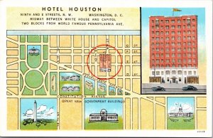 Linen Postcard Hotel Houston at Ninth and E Streets N.W. Map of Washington D.C.