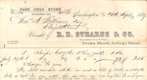 R. B. Stearns & Co. Burlington, VT pharmacy  invoice 1879