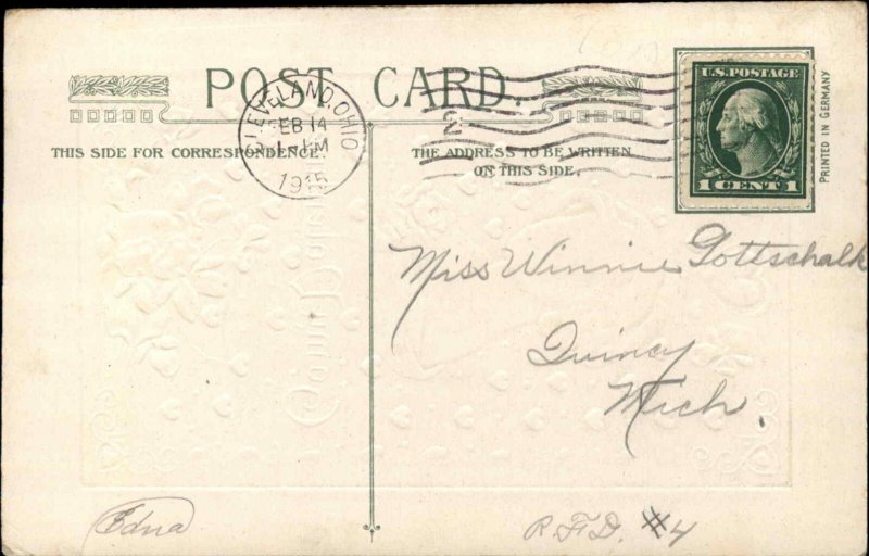 Valentine Beautiful Woman Rose at Bosom Winsch Schmucker Art Nouveau c1910 PC