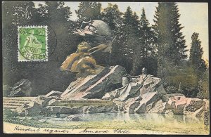 SWITZERLAND Stamps on Postcard Statue at Pond Used c1920