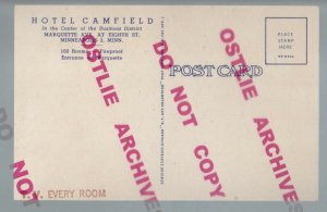 Minneapolis MINNESOTA 1940 ADVERTISING Hotel Camfield INTERIOR CURTEICH LINEN MN