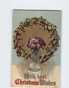Postcard With Best Christmas Wishes with Wreath Hollies Flowers Vase Art Print