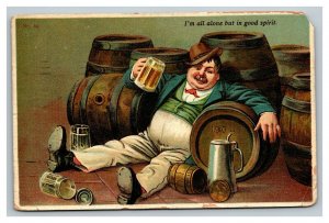 Vintage 1911 Comic Postcard Drunk Man Stein of Beer Sleeps with the Kegs FUNNY