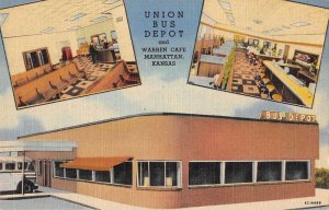 Manhattan Kansas Union Bus Depot and Warren Cafe Vintage Postcard AA29674