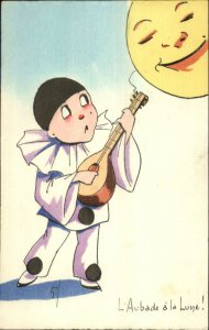 Little Boy Pierrot Clown Plays Guitar For Man in the Moon GIL c1920 Postcard