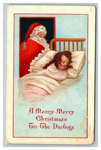 Vintage 1910's Christmas Postcard Santa Watches Over Sleeping Cute Child NICE