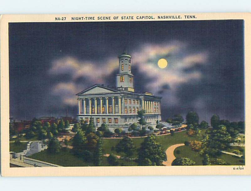 Unused Linen NIGHT VIEW OF CAPITOL BUILDING Nashville Tennessee TN Q8963