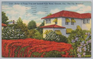 Linen~Flame Vine Hedge & Spanish Type Home~Orlando FL~PM 1959~Vintage Postcard