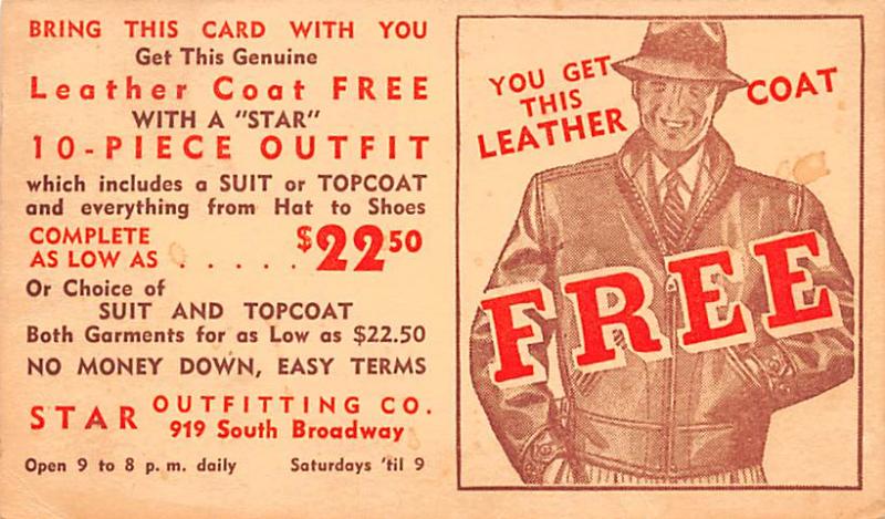 Advertising Post Card Star Outfitting Co 919 South Broadway 1937