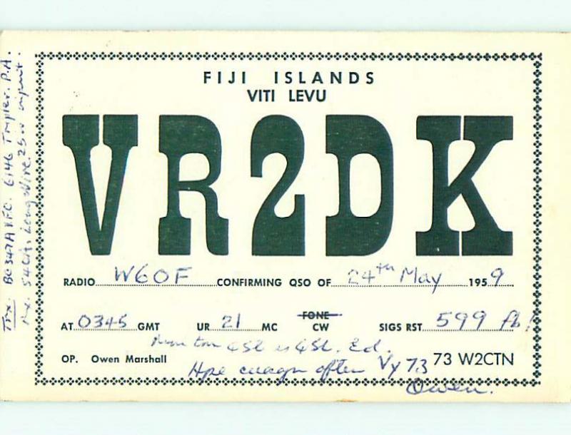 1959 vintage QSL HAM RADIO CARD Viti Levu FIJI ISLANDS t1814