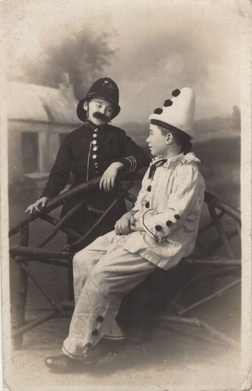 Policeman & Circus Clown Children Fancy Dress Old Real Photo Postcard