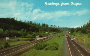 Postcard Greetings From Oregon Picturesque Countryside Freeway Through Valley OR