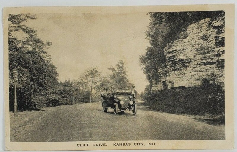 Kansas City MO Touring Car on Cliff Drive 1921 to Bakersfield Calif Postcard T14