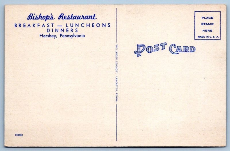 1930-40's BISHOP'S RESTAURANT KNIGHT'S CANDY HERSHEY PA 3 VIEWS LINEN POSTCARD