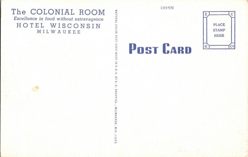 Colonial Room Hotel Wisconisn Milwaukee Kropp Co. Vintage Linen Postcard Dining 