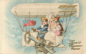 Winsch Silk Postcard Love's Remembrance, Children Fly in Zeppelin, American Flag