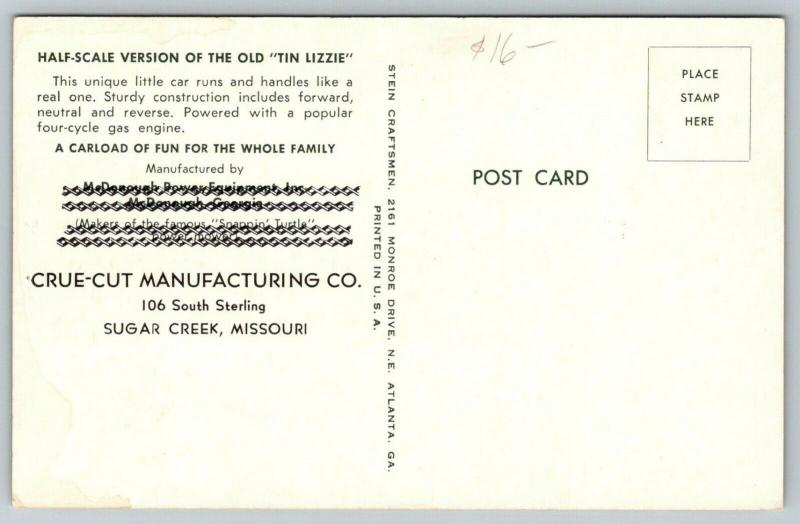 Sugar Creek MissouriCrue-Cut Mfg CoMiniature CarTin LizzieGas Engine1950s