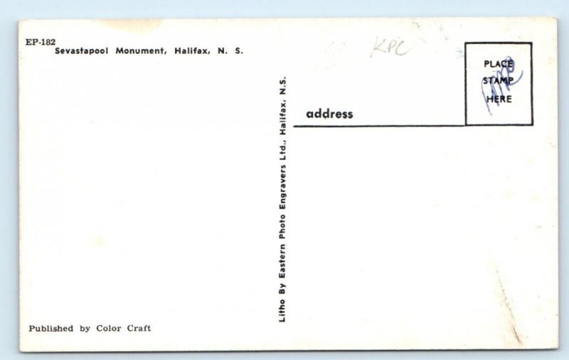 Sebastopol Monument HALIFAX Nova Scotia CANADA Postcard