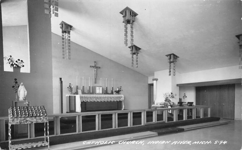 Indian River Michigan~Catholic Church Interior~Wooden Decor Hangs Down~RPPC 1945 