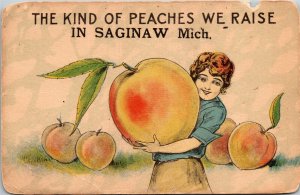 Postcard Michigan Saginaw Pretty Girl Holding Exaggerated Peach 1917 V181