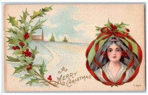 1909 Merry Christmas Pretty Woman Holly Berries Milwaukee Wisconsin WI Postcard