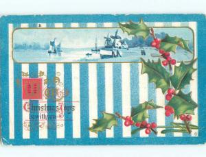 Pre-Linen christmas WINDMILLS AND SAILBOATS WITH HOLLY J1706