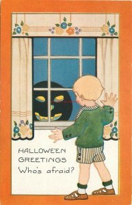 Halloween, Boy seeing JOL in Window at Night, Greeting Who's afraid