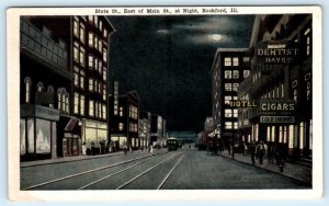 ROCKFORD, Illinois IL ~ Night STATE STREET Scene East of Main St. 1920s Postcard