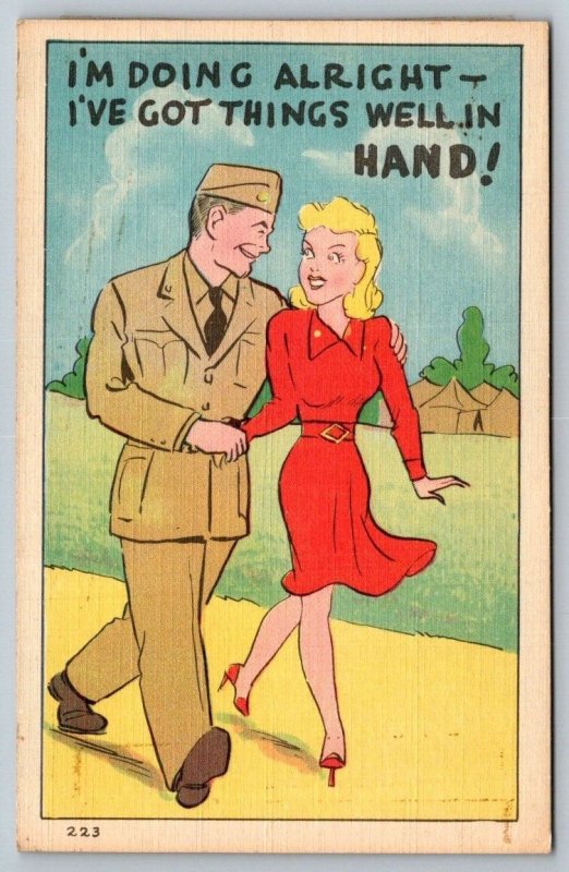 Vintage Saucy Cartoon Humor Postcard - US Army - WW2 - Things Well In Hand