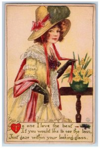 Valentine Postcard Pretty Woman Big Hat Flowers c1910's Unposted Antique