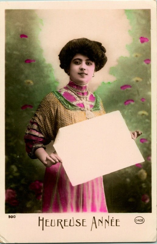 Vtg Postcard 1910s RPPC Hand Colored Heureuse Annee Woman Holding Blank Card