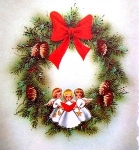 Christmas Greeting Card Glitter Angels Singing Wreath Unused Mid Century Mod