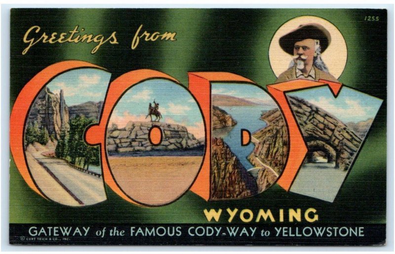 Large Letter Linen CODY, WY Wyoming  ~ 1953  Park County Curt Teich Postcard 