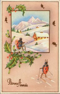 Happy New Year Ladybugs Skiing in the Snow Vintage Postcard B132