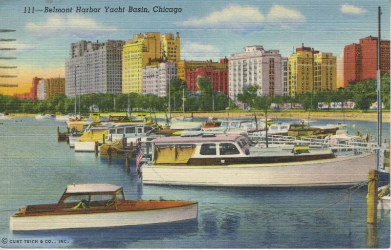 Belmont Harbor Yacht Basin ~ Chicago Illinois IL ~ Boats c1952 Linen Postcard 