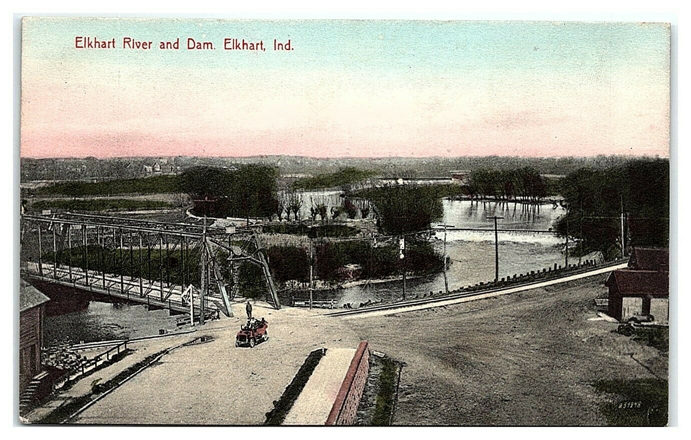 Elkhart River and Dam, Elkhart, IN HandColored Postcard *7E25 United