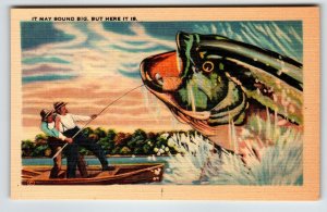 Fishing Linen Postcard Huge Exaggerated Fish Men On Boat Fisherman's Pole Unused