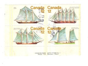 Schooners, Fall Ships, Inscription Block of Four Canada Stamps, 1977, #744-747