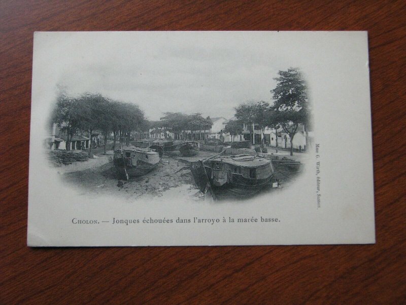 French Indo China Postcard Used UDB 1904 Cholon Boats in Dry River Bed