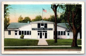 Winona Lake Indiana~Christian Temple Exterior View~USA Flag~Sign~1930 Postcard