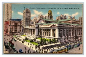 Vintage 1940's Postcard Panoramic View Street Cars Public Library New York City