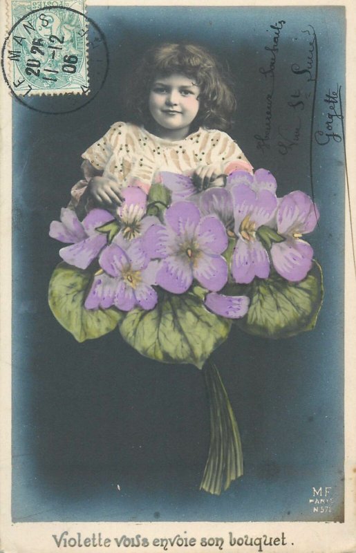 Post card charming little girl flower bouquet