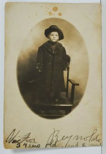 Rppc Adorable Boy in Long Coat & Hat Victoe Reynolds Kansas City Mo Postcard O16