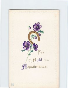 Postcard For Auld Acquaintance with Flowers Horseshoe Embossed Art Print