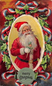 Merry Christmas, Santa With Red, White & Blue Ribbon Border, PC U22123