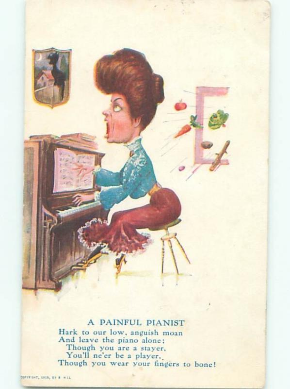 Pre-Linen Comic music WOMAN PLAYING THE PIANO POORLY AB8778