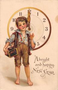 New Years Greetings Boy Smoking Antique Postcard J47107