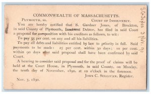1890 Commonwealth of Massachusetts SG Jones Plymouth MA Boston MA Postal Card