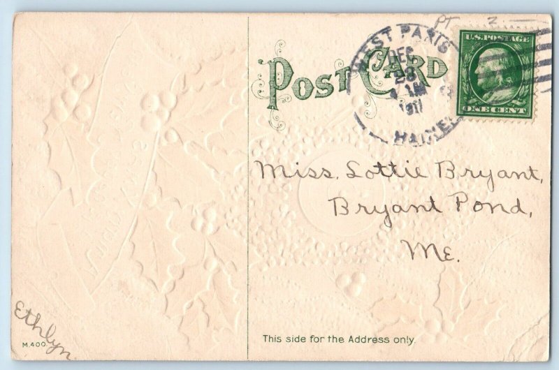 Christmas Postcard Floral Clock And Holly Berries Embossed West Paris Maine ME