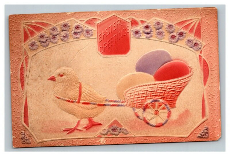 Vintage 1910's Easter Postcard Airbrushed Chick Towing Giant Easter Egg Basket 